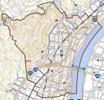 石神とその周辺の地図。町の範囲を重ねている