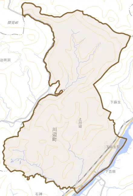上川辺とその周辺の地図。町の範囲を重ねている