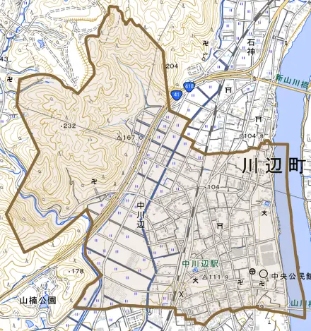 中川辺とその周辺の地図。町の範囲を重ねている