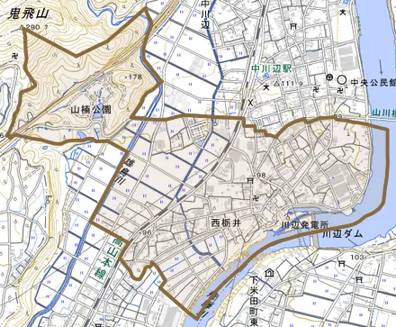 西栃井とその周辺の地図。町の範囲を重ねている