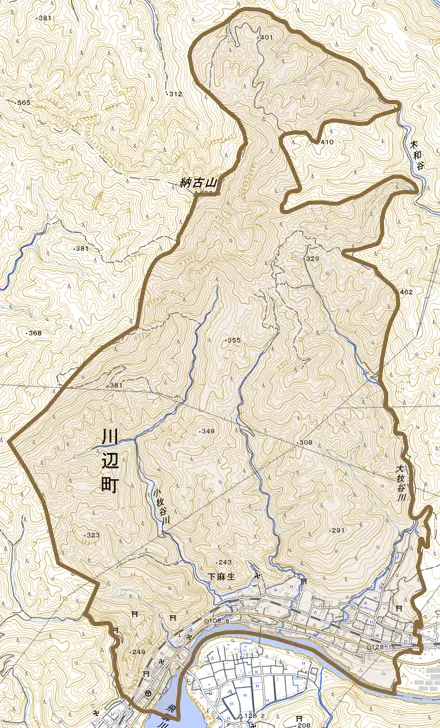 下麻生とその周辺の地図。町の範囲を重ねている