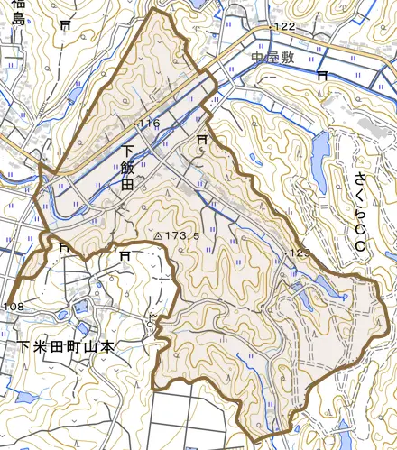 下飯田とその周辺の地図。町の範囲を重ねている