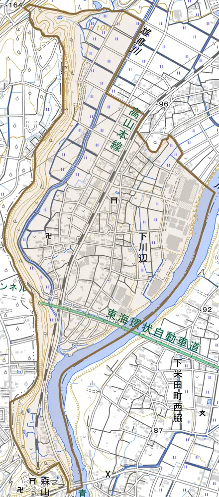 下川辺とその周辺の地図。町の範囲を重ねている