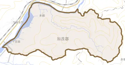 下吉田とその周辺の地図。町の範囲を重ねている