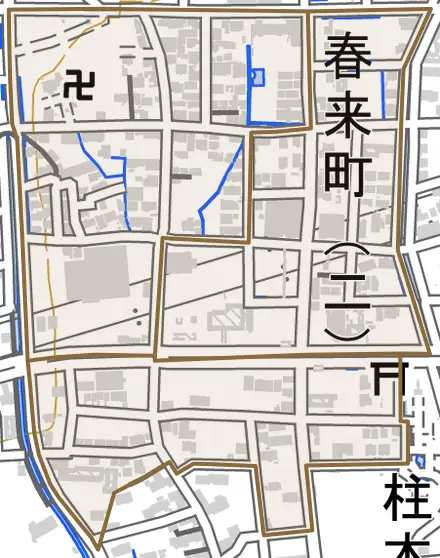 春来町とその周辺の地図。町の範囲を重ねている