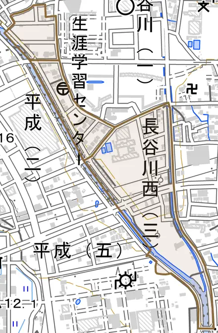 長谷川西とその周辺の地図。町の範囲を重ねている