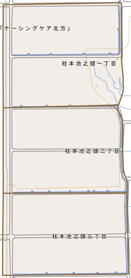 柱本池之頭とその周辺の地図。町の範囲を重ねている