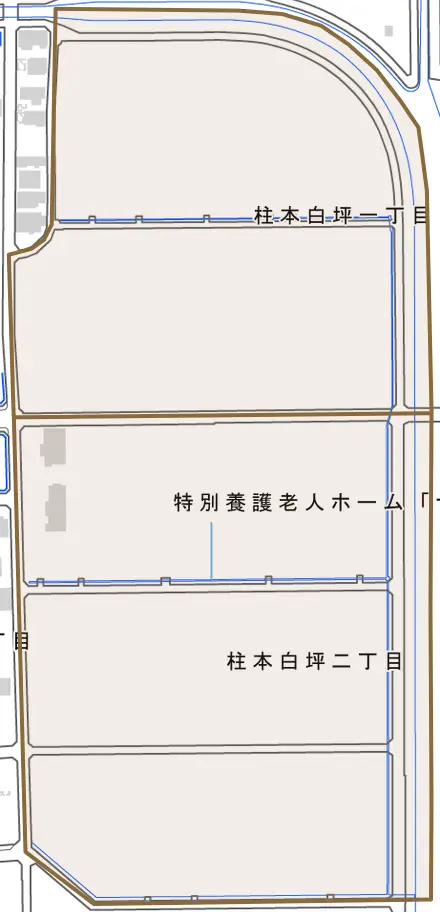 柱本白坪とその周辺の地図。町の範囲を重ねている