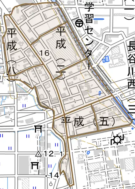 平成とその周辺の地図。町の範囲を重ねている