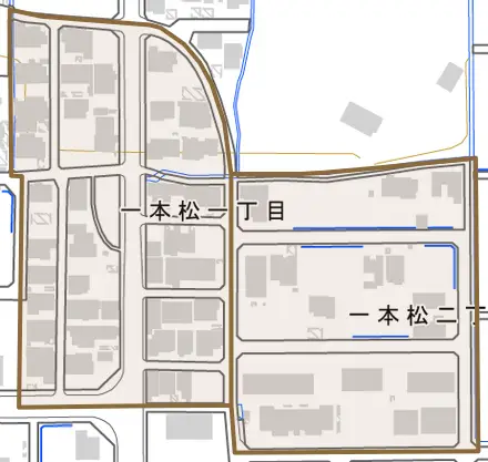 一本松とその周辺の地図。町の範囲を重ねている