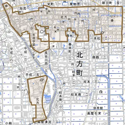 北方とその周辺の地図。町の範囲を重ねている