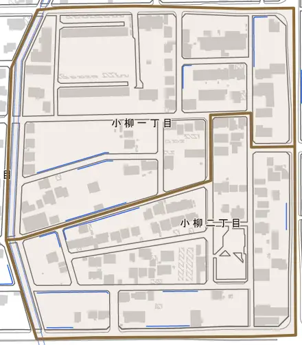 小柳とその周辺の地図。町の範囲を重ねている