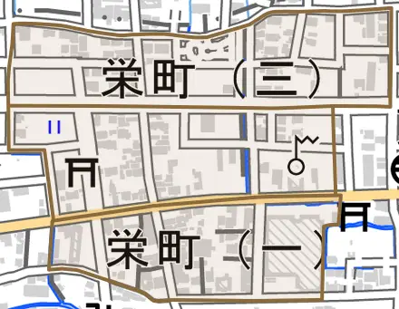 栄町とその周辺の地図。町の範囲を重ねている