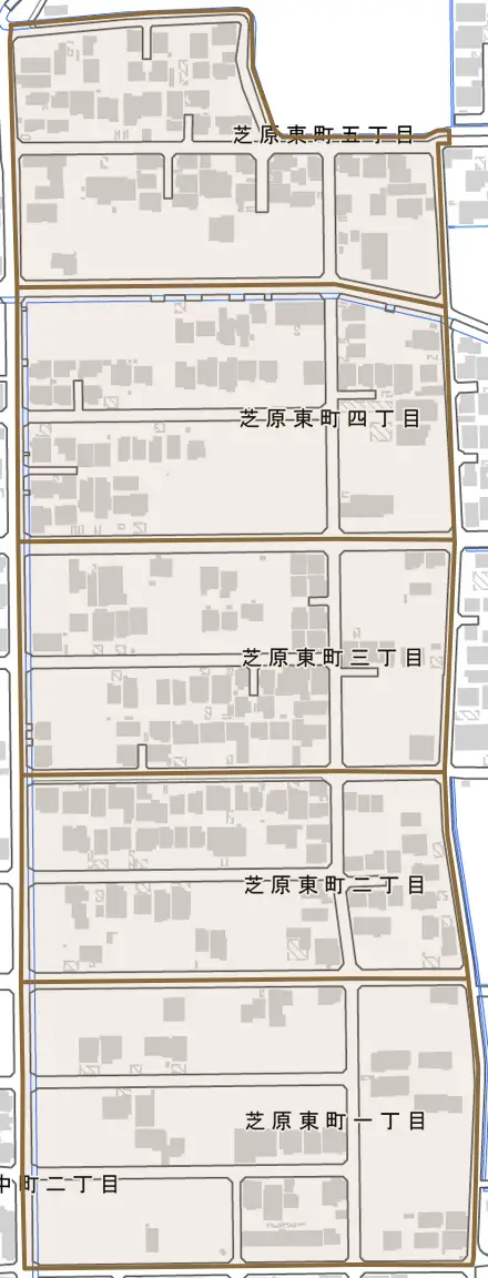 芝原東町とその周辺の地図。町の範囲を重ねている