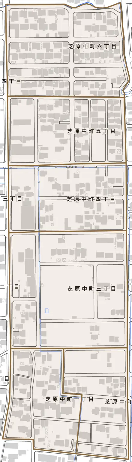 芝原中町とその周辺の地図。町の範囲を重ねている