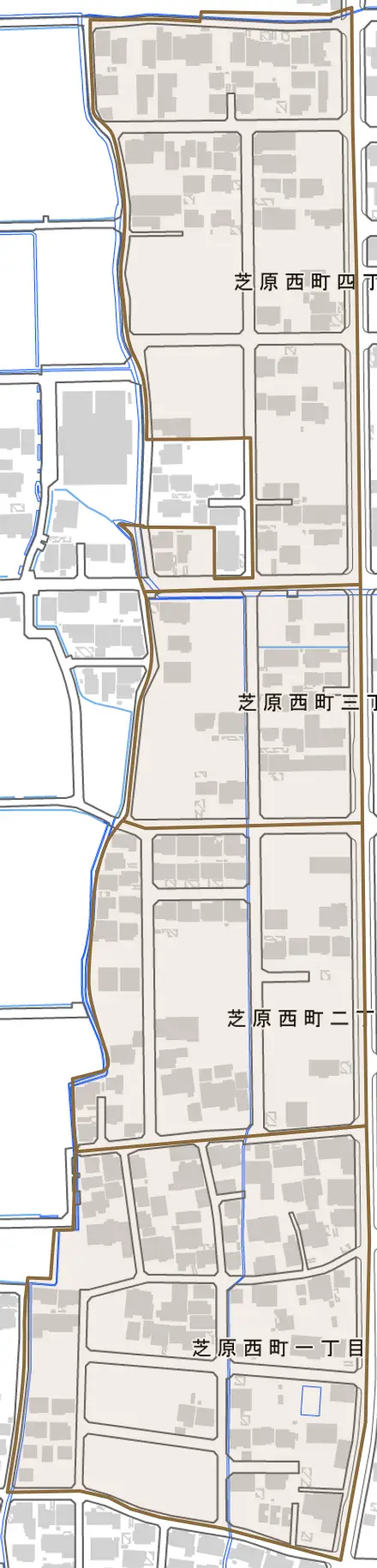 芝原西町とその周辺の地図。町の範囲を重ねている