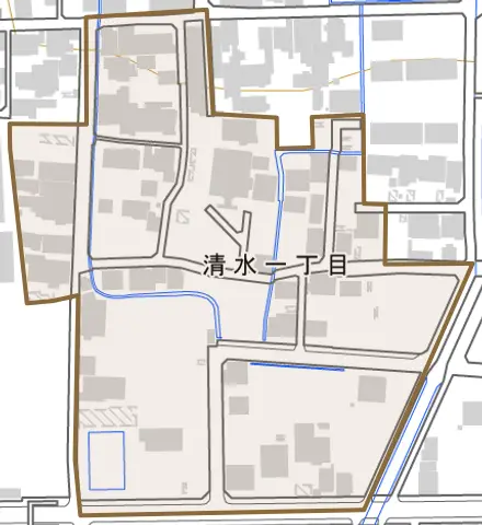 清水とその周辺の地図。町の範囲を重ねている