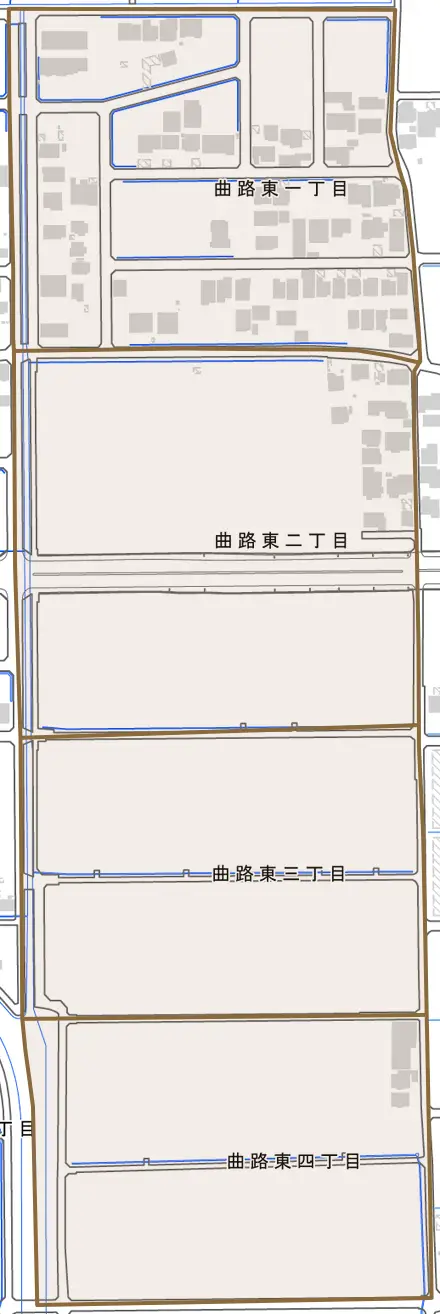 曲路東とその周辺の地図。町の範囲を重ねている