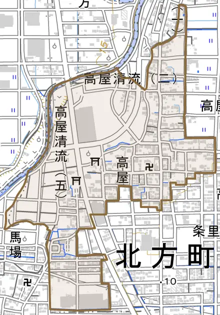 高屋とその周辺の地図。町の範囲を重ねている
