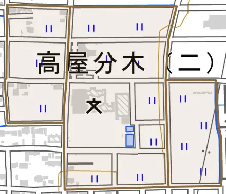 高屋分木とその周辺の地図。町の範囲を重ねている