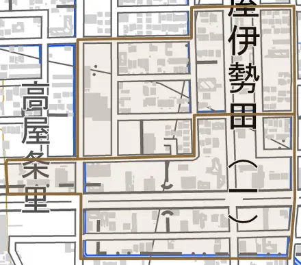 高屋伊勢田とその周辺の地図。町の範囲を重ねている