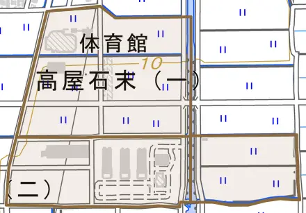 高屋石末とその周辺の地図。町の範囲を重ねている