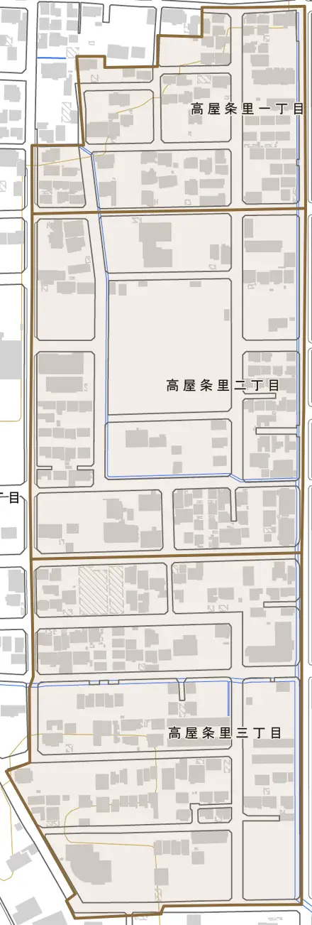 高屋条里とその周辺の地図。町の範囲を重ねている