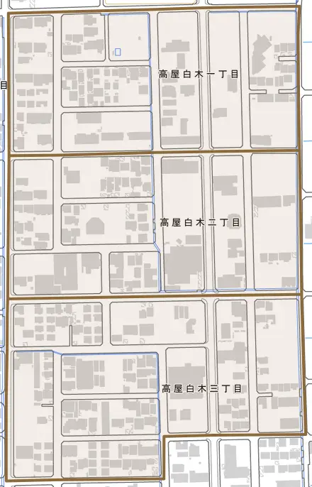 高屋白木とその周辺の地図。町の範囲を重ねている