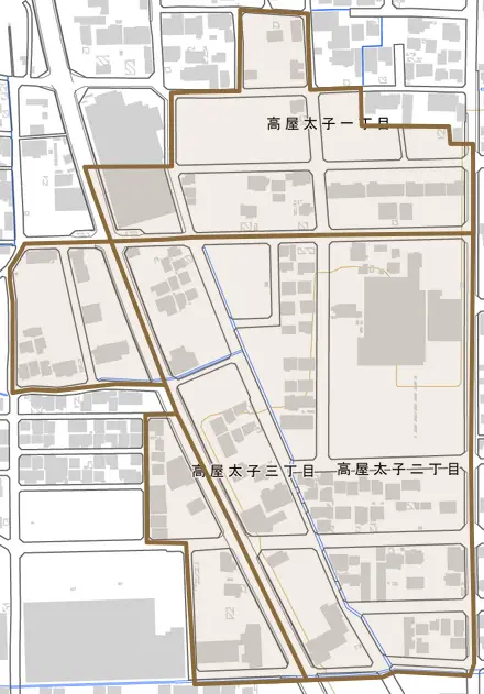 高屋太子とその周辺の地図。町の範囲を重ねている