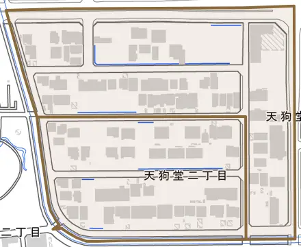 天狗堂とその周辺の地図。町の範囲を重ねている