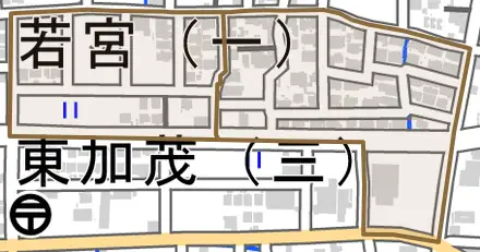 若宮とその周辺の地図。町の範囲を重ねている