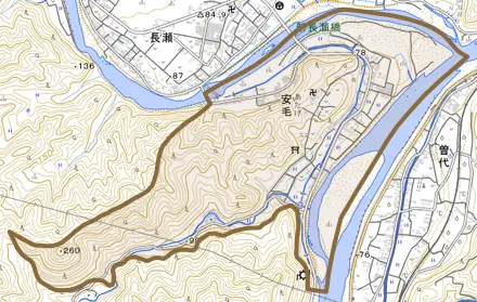 安毛とその周辺の地図。町の範囲を重ねている