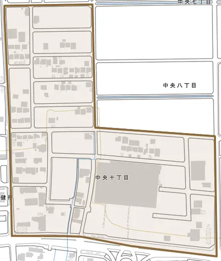 中央とその周辺の地図。町の範囲を重ねている