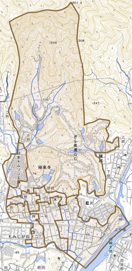 極楽寺とその周辺の地図。町の範囲を重ねている
