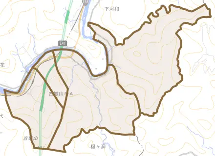 保木脇とその周辺の地図。町の範囲を重ねている