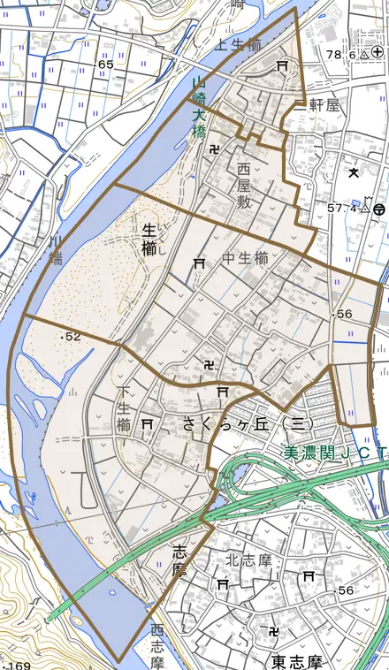 生櫛とその周辺の地図。町の範囲を重ねている