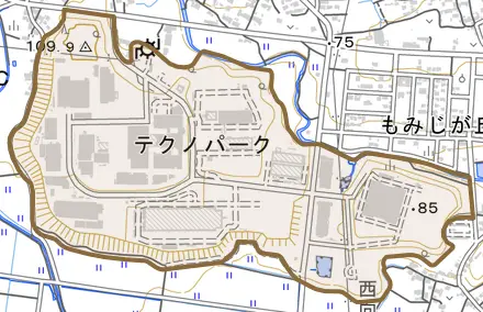 楓台とその周辺の地図。町の範囲を重ねている
