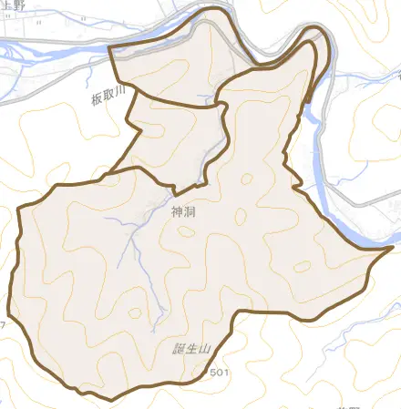 神洞とその周辺の地図。町の範囲を重ねている