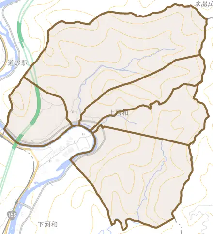 上河和とその周辺の地図。町の範囲を重ねている