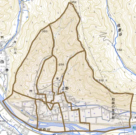 上野とその周辺の地図。町の範囲を重ねている