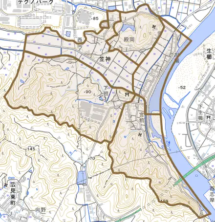 笠神とその周辺の地図。町の範囲を重ねている