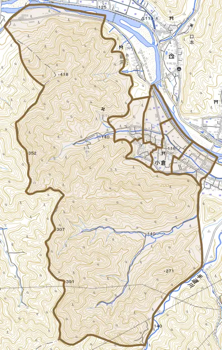 小倉とその周辺の地図。町の範囲を重ねている