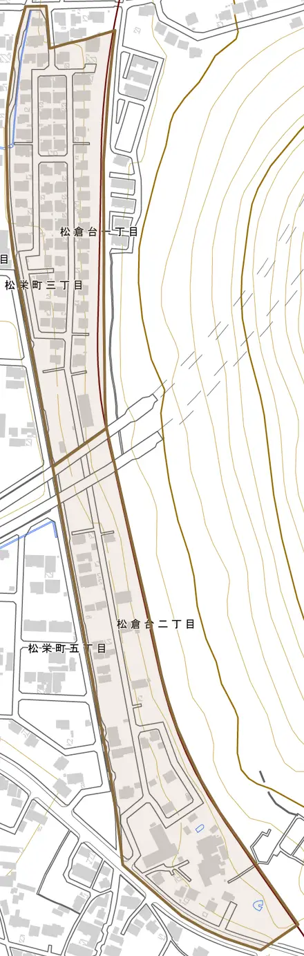 松倉台とその周辺の地図。町の範囲を重ねている