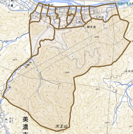 御手洗とその周辺の地図。町の範囲を重ねている