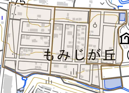 もみじが丘とその周辺の地図。町の範囲を重ねている