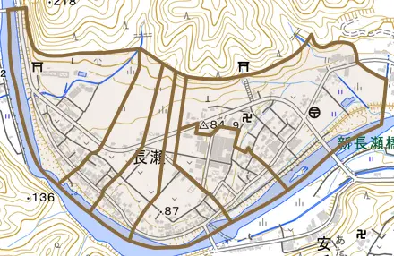 長瀬とその周辺の地図。町の範囲を重ねている