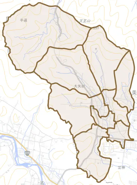 大矢田とその周辺の地図。町の範囲を重ねている