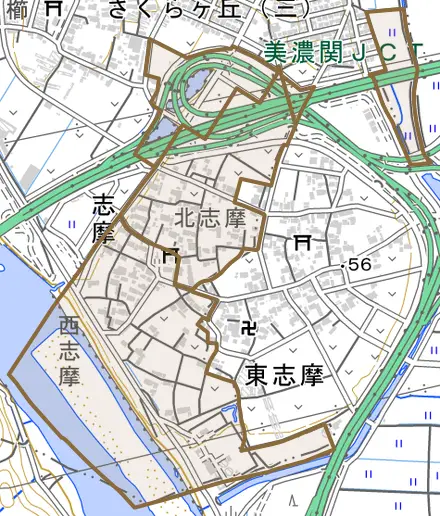 志摩とその周辺の地図。町の範囲を重ねている