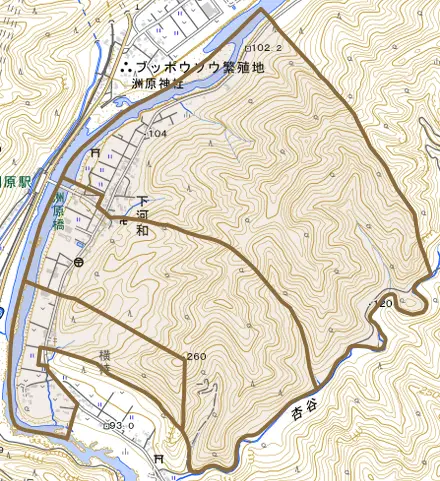 下河和とその周辺の地図。町の範囲を重ねている
