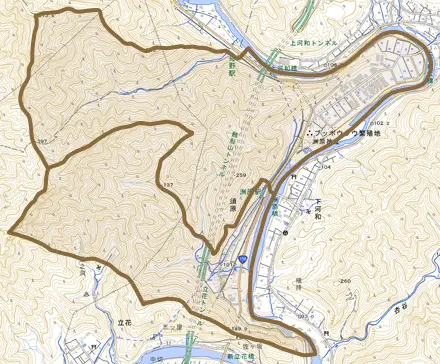 須原とその周辺の地図。町の範囲を重ねている